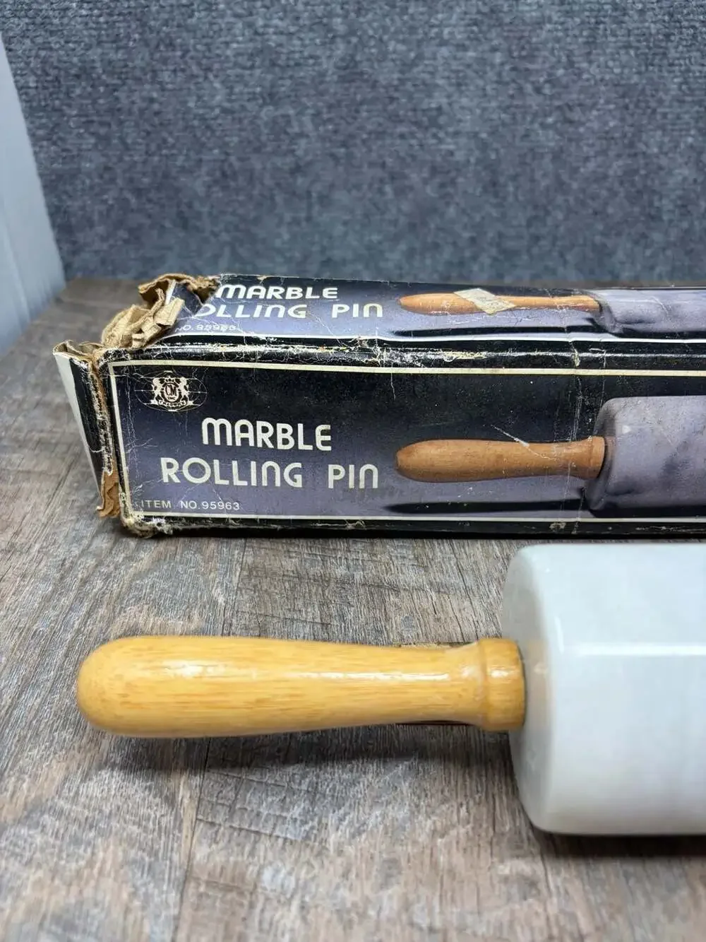 Vintage Chadwick-Miller white Marble Rolling Pin with Wooden Handles heavy 18”
